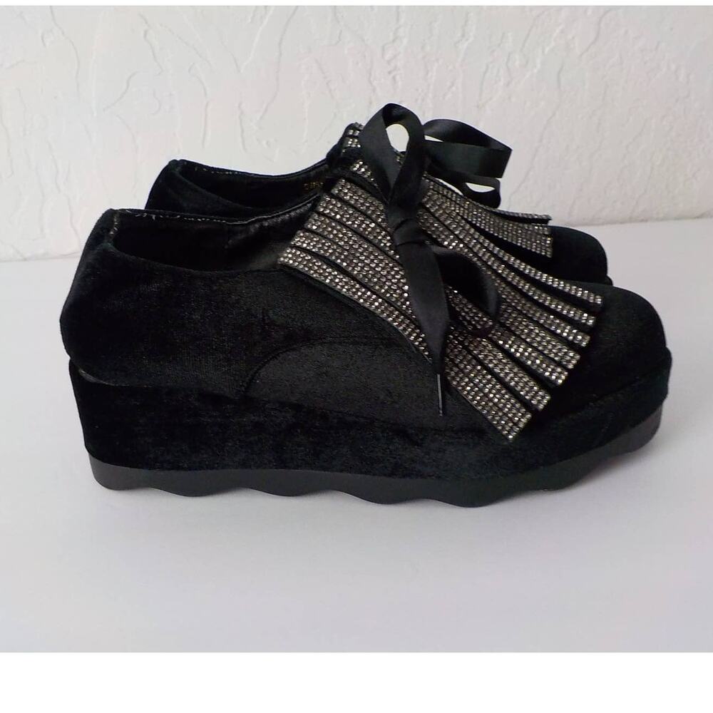 MIGATO Black Velvet Loafers Slip On Wedges Women Size EU36 US6M Shiny Accent
